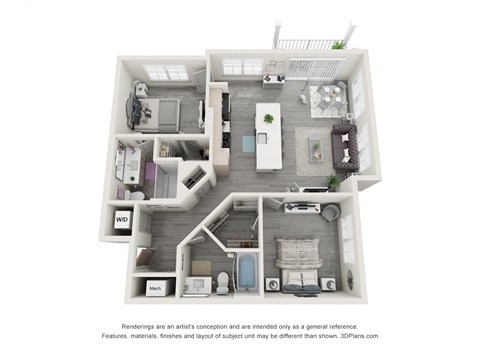 Floor plan for 2 beds, 2 baths, 1081 sqft